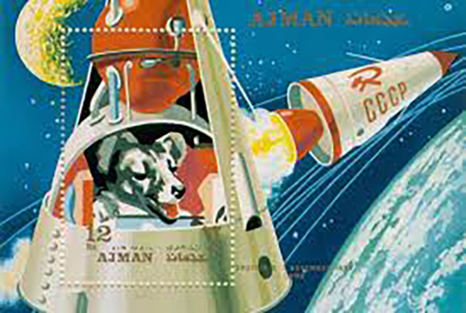 Chó Laika trên một con tem của tiểu vương quốc Ajman, nay thuộc UAE. Ảnh: Vintageprintable1/Flickr