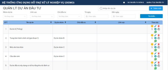 Giao diện phần mềm quản lý dự án đầu tư công do nhóm phát triển.