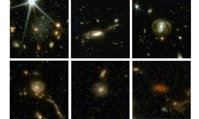 6 thiên hà từ bản đồ COSMOS-Web với niên đại khác nhau: (từ góc trên bên trái xuống góc dưới bên phải) vũ trụ hiện tại và 3 tỷ, 4 tỷ, 8 tỷ, 9 tỷ, 10 tỷ năm trước. Ảnh: M. Franco/C. Casey/COSMOS-Web